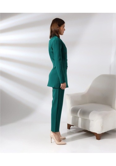 Kadın Kruvaze Blazer Ceket Pamuklu Atlak Kumaş Pantolon Takım Elbise Koyu Yeşil Koyu Yeşil