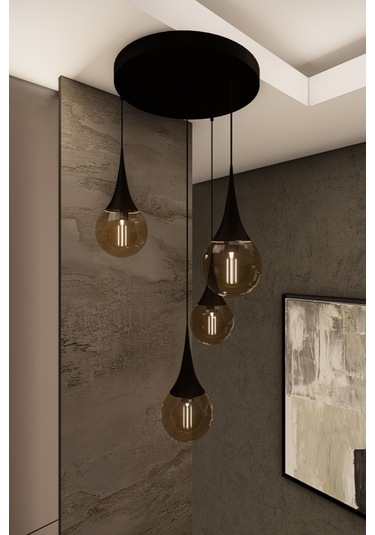 Liora Modern Siyah Metal Avize - Bal Cam, 4'lü Sarkıt, E27 Duy,