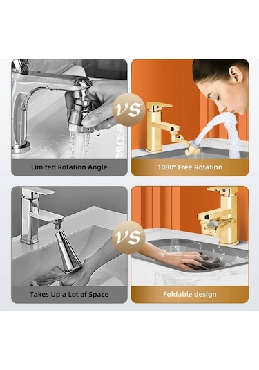 Agoodshop 1080 Evrensel Döndürme Musluk Püskürtücüsü Çift Atık Su Lavabo Mutfak Robot Kolu Uzatma Mus Altın