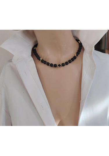 Luna Yonca Detaylı Lav Taşı Choker Doğal Taş Kolye Siyah