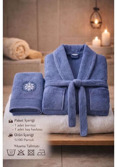 Tek Kişilik Banyo Havlulu Bornoz Seti Pamuklu Bukle Şalyaka Nuvia Lacivert