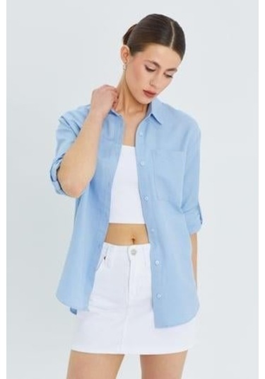 9942 Kadın Oxford Uzun Kol Basic Gömlek Bebe Mavi Bebe Mavi