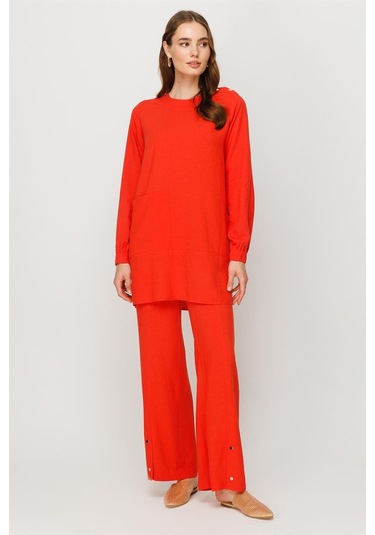 Doğal Kumaş Rahat Kullanımlı Pantolon Tunik Takım Mercan-mercan Mercan