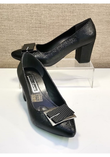 De Scarıo 630 Kadın Tokalı Sivri Burun Kalın Topuklu Ayakkabı Siyah