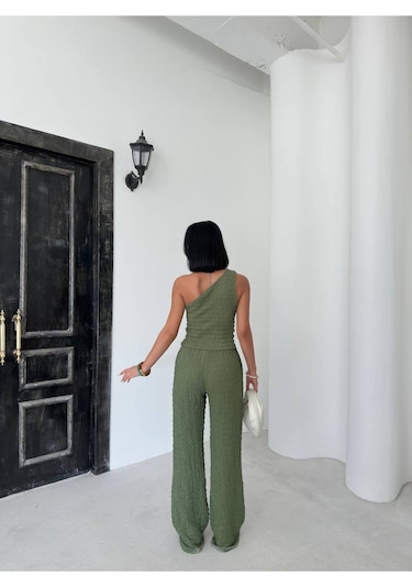 Trend Alisse Tek Omuz Gofre Kumaş Bluz Pantolon Takım Yeşil