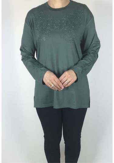 Kadın Likralı Turlu Viskon Büyük Beden Yaka Ve Kolağzı Taşlı Ve İşlemeli Bluz Mint Yeşili