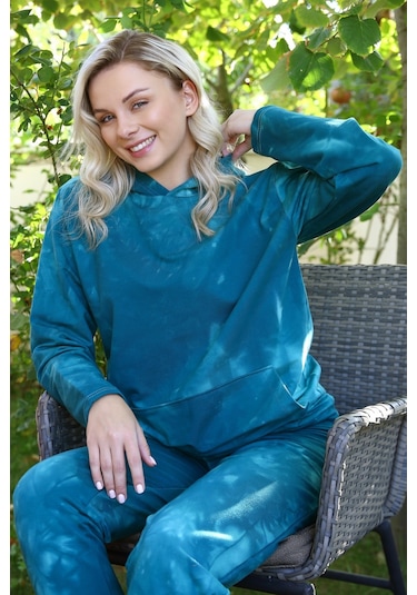 Akbeniz Kadın Pamuk Kapşonlu Cepli 3 İplik Turkuaz Eşofman Takım 9037-turkuaz Turkuaz