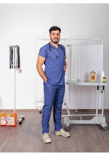 Likralı Cerrahi Forma Unisex Hemşire Doktor Sağlıkçı Forması Scrubs Üniforma Fırtına Mavisi