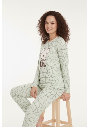 Luxury Thermal Love Desenli Kadın Polar Kışlık Pijama Takımı 42013 Turkuaz