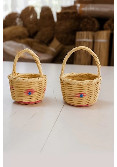 Mini El Yapımı Hasır Sepet 2 Li Dekoratif Süs Sepeti Seti Bej - Sarı