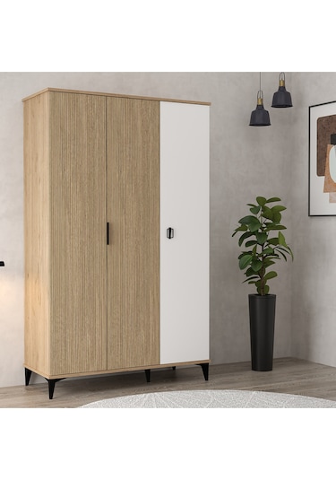6304 Neva 3 Kapılı 200 Cm Gizli Çekmeceli Gardırop , Elbise Dolabı , Genç Odası Yunus - Beyaz