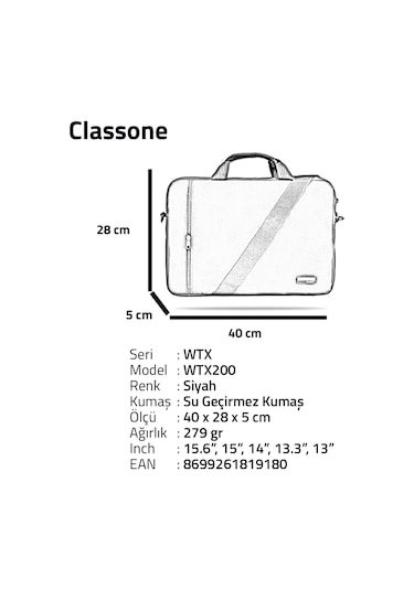 Classone WTX200 WTXPRO Serisi 15.6" Uyumlu Su Geçirmez Notebook El Çantası