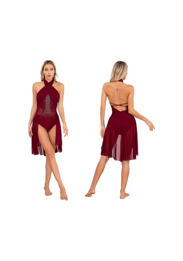 Bordo Kadın Yetişkin Bale Çağdaş Dans Elbise Lirik Şifon Dökümlü Elbise Kolsuz Artistik Patinaj Jimnastik Leotard Elbise