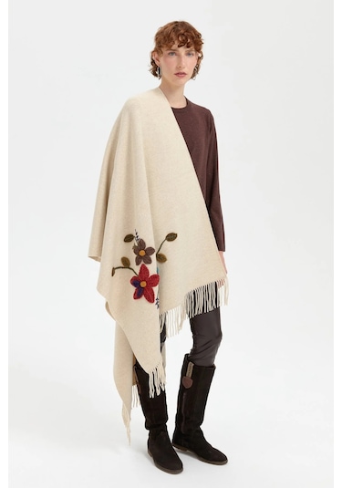 Desen Triko Kadın Örgü Çiçek İşlemeli Püsküllü Şal 24073 T.melanj T.melanj Taş