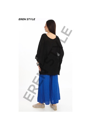 Bohem Kuruvaze Tek Düğmeli Keten Bluz-9884 Siyah