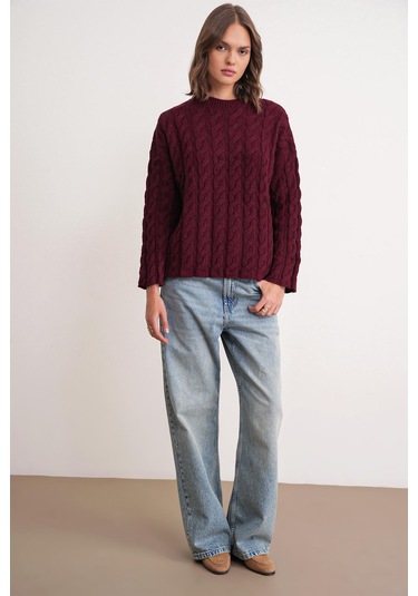 6973 Kadın Saç Örgülü Regular Basic Triko Kazak Bordo Bordo