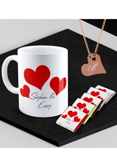 Kişiye Özel Sevgililer Temalı Kupa Madlen Çikolata Ve Rose Kalp Kolye Set - 90