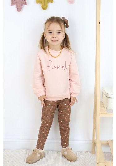 Kız Çocuk Floral Nakışlı İki İplik Kumaş Taytlı Takım Toka Dahildir. Açık Pembe