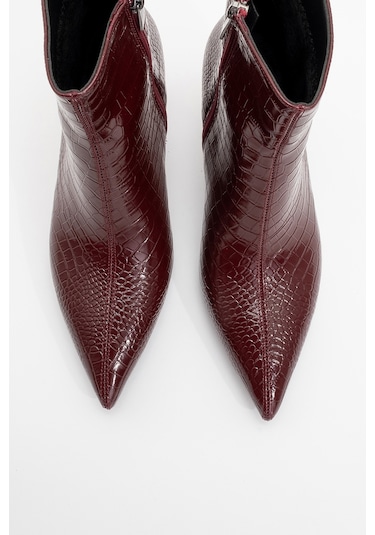 Noya Bordo Baskı Sivri Burun Kadın İnce Topuklu Bot Bordo