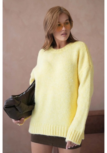 Kadın Bisiklet Yaka Yumuşak Dokulu Oversize Triko Kazak 3032 Sarı