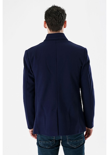 Koyu Lacivert Kaşe Dik Yaka Astarlı Slim Fit Dar Kesim Casual Mont 1007235170-Koyu Lacivert