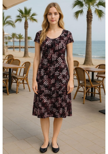 Dökümlü Rahat Kalıp Günlük Penye Kumaş Elbise Bordo