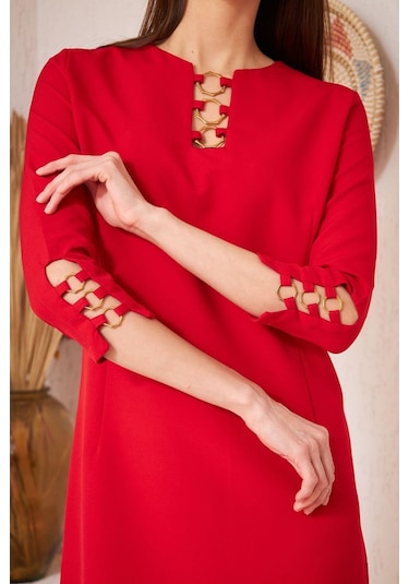 Darlin Moda Kırmızı Metal Aksesuar Detaylı Abiye Elbise Dm1014 Kırmızı