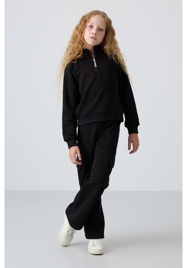 Tommy Life Siyah Pamuklu İçi Tüylü Yumuşak Dokulu Standart Fit Nakışlı Kız Çocuk Eşofman Takım - 75159 Siyah