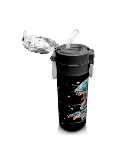 Coral High Kids Koyu Gri Siyah Dinozor Desenli Pipetli Ve Direkt İçim Çelik Termos 500 Ml 31822 Siyah