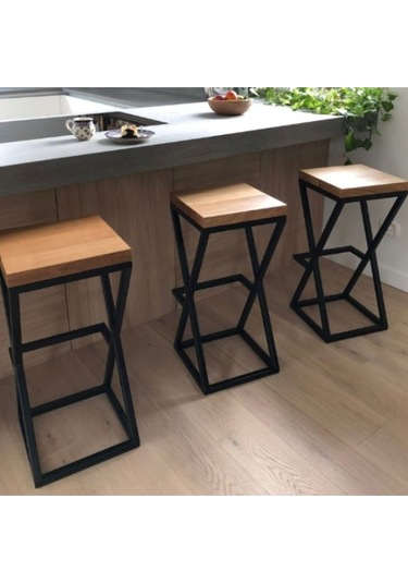 X Sheped Doğal Ahşap Bar Taburesi Siyah
