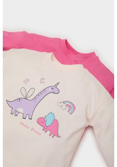 DeFacto Kız Bebek Yenidoğan Bisiklet Yaka Dinazor Baskılı Penye 2'li Uzun Kollu Tişört E6362A525SPPN324 Pembe
