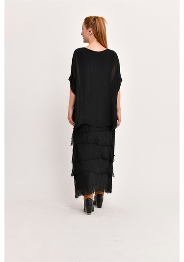 İtalyan 2 Beden İnce Gösteren Yarım Kol Kat Kat Ipek Elbise Siyah