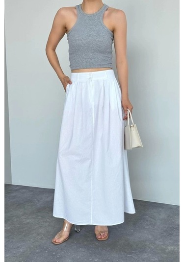İnce Pileli Düz Etek - Beyaz Beyaz