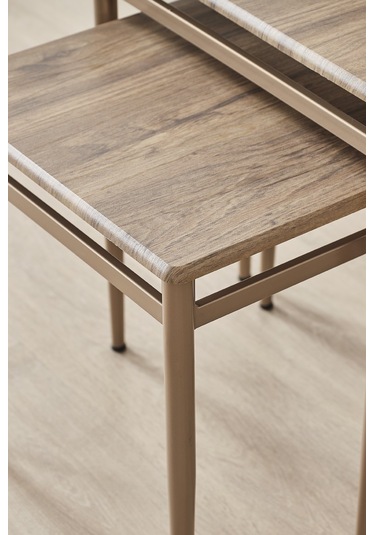 Damrin Serisi Traverten Desen 1. Sınıf Mebran Mdf 3 Lü Zigon Sehpa Takımı Ceviz Desen - Bronz Ayak