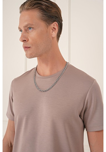 Comfort Fit Bisiklet Yaka Esnek Pamuk Casual Koyu Bej Tişört Ts 885 Bej