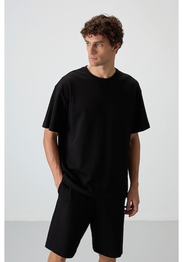 Siyah Pamuklu Kalın Yumuşak Dokulu Oversize Fit Basic Erkek Şort Takım - 85249 Siyah