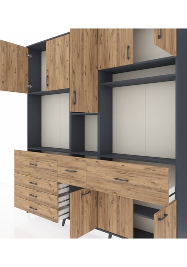 Arges Dolap 10 Raflı 6 Çekmeceli 8 Kapaklı 220x30x243 Antrasit-çam/çam Atlas Çam/atlas Çam