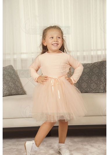 Tüllü Baskısız Düz Üst Kısım Ribana Alt Kısım Astarlı Tütü Etek Kız Çocuk Prenses Uzun Kollu Elbise Uzun-somon Somon