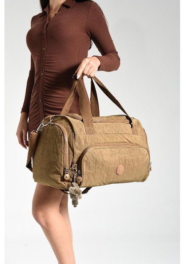 Unisex Kabin Boy Çapraz Askılı Omuz Çantası Seyehat Spor Çantası Hafif Klinkır Kumaş 40 25 Cm Taba