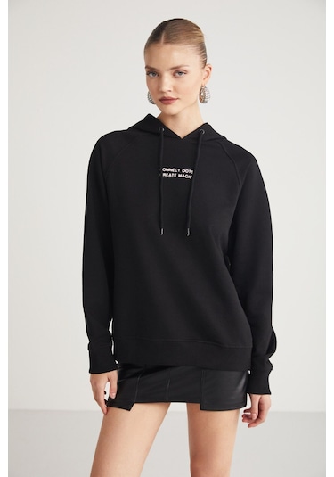 Ethıquet Glace Kadın Ön Ve Arka Baskı Detaylı Kapüşonlu Regular Fit Normal Kalıp Siyah Sweatshirt