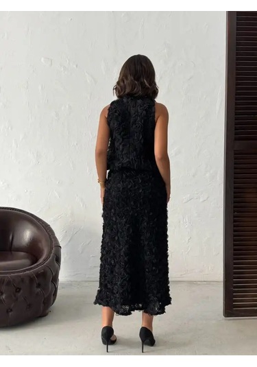 Gül Desenli Tül Etek Siyah