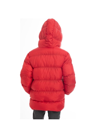 Erkek Çocuk Kırmızı İçi Polarlı Kapüşonlu Su Geçirmez Rüzgara Dayanıklı Şişme Kışlık Mont Kırmızı
