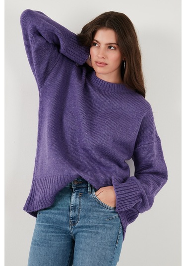 Lela Regular Fit Bisiklet Yaka Basic Triko Bayan Kazak 4616213 Mor