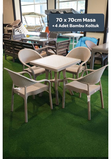 Alezy Bambu Balkon Bahçe Masa Takımı 4 Kişilik 70x70 Masa 4 Adet Bambu Koltuk Cappucino