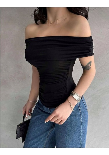 Kadın Madonna Yaka Yanları Büzgülü Bluz SIYAH