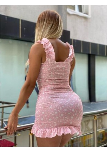 Yağruağzı Üzeri Beyaz Çiçek Desenli Askılı Büzgü Detaylı Elbise