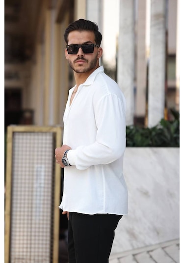 Tex Republic Erkek Beyaz Rahat Kesim Dokulu Oversize Salaş Aerobin Gömlek Beyaz