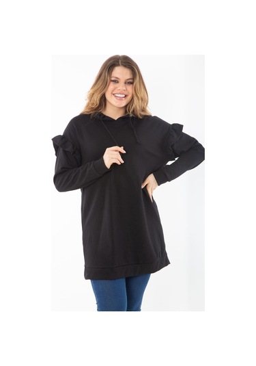 Kadın Büyük Beden Siyah İçi Şardonlu Üç İplik Kol Detaylı Kapşonlu Sweatshirt 65n37299-siyah Siyah