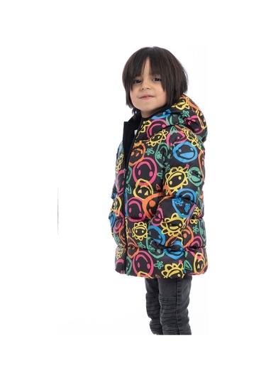 Erkek Çocuk Gülen Emoji İçi Polarlı Kürklü Su Ve Rüzgar Geçirmez Kapüşonlu Cepli Kışlık Şişme Mont Çok Renkli