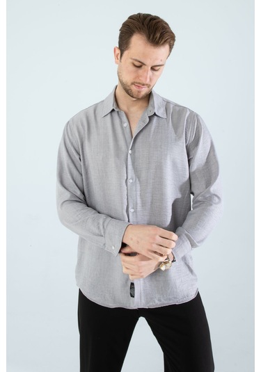 Rahat Kesim Keten Dokulu Gömlek Gri